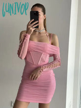 Lunivop Elegant Off The Shoulder Mesh Dress Sexy Halter Boning Bodycon Birthday Party Dresses Pink